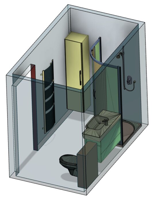 3D-ritning av ett litet, kompakt badrum med dusch, toalett, handfat och skåp.