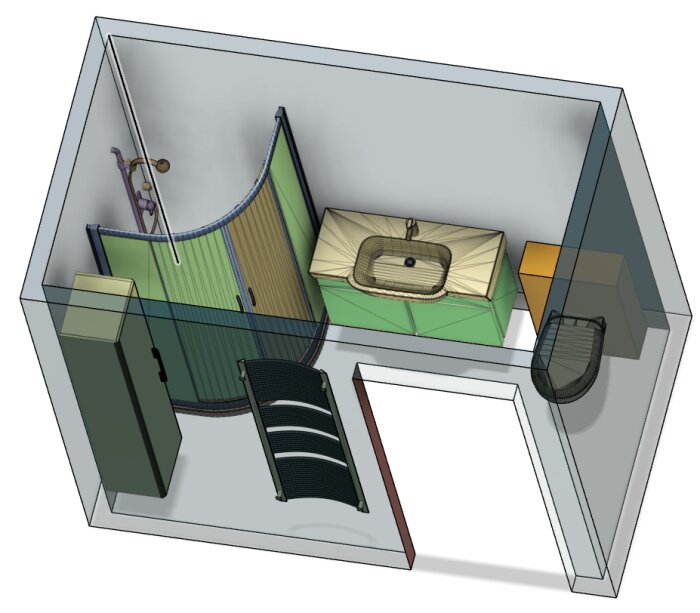 3D-modell av badrum, transparenta väggar, inredningsdetaljer som badkar, handfat, toalett och möbler syns.