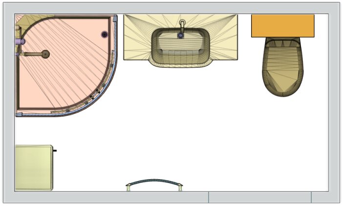 Det är en översiktsritning av ett badrum med dusch, handfat, toalett och bidé i färg.