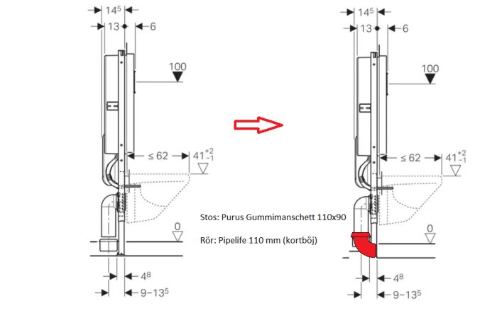 Teknisk ritning, VVS-installation, dimensioner, ändring markerad med röd pil och cirkel.