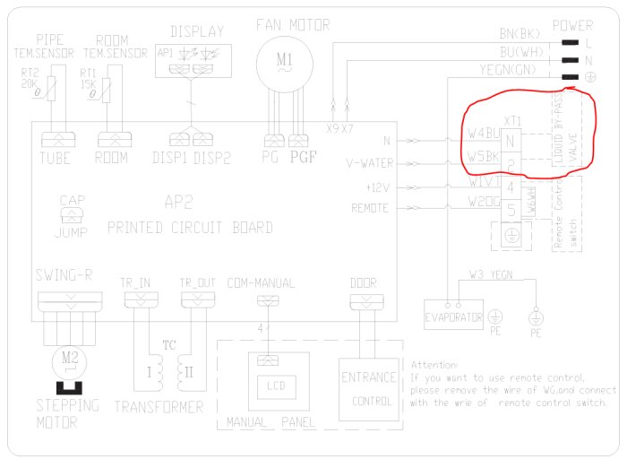 Tekniskt schema, elektriska komponenter, anslutningsinstruktioner, kretskort, ventil, motorer, sensorer, fjärrkontroll varning.