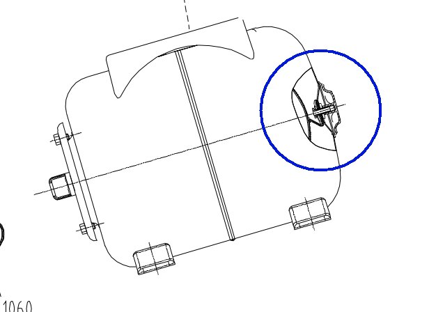 Teknisk ritning av en anordning, blå cirkel markerar detalj, perspektivprojektion, svartvit skiss.