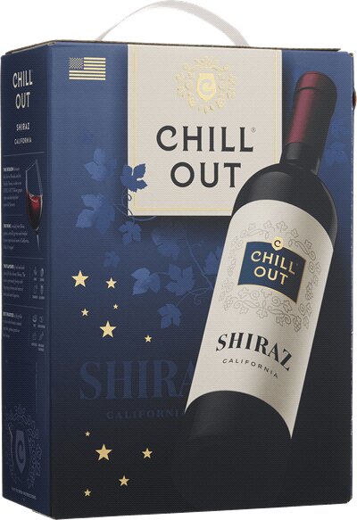 Box med CHILL OUT Shiraz-vin från Kalifornien, marinblå design, stjärnor, druvklase illustration.