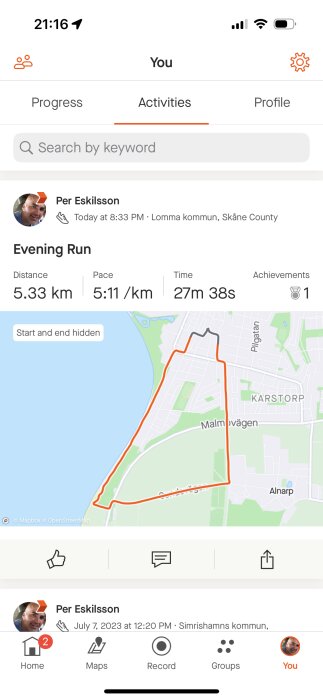 Skärmavbild av träningsapp. Profil på löppass i Lomma, 5.33 km, tid och rutt visas.