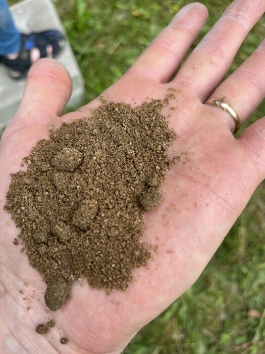 En hand håller fuktig jord med gräs i bakgrunden och suddiga fötter synliga.