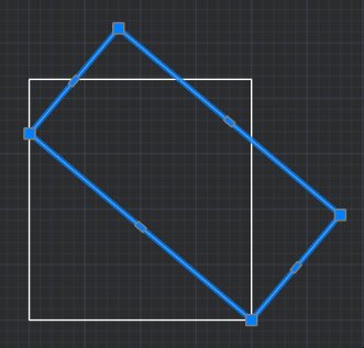 Geometrisk illustration med en lutande, blå parallellogram över en vit kvadrat, konstruerad på ett rutnät.