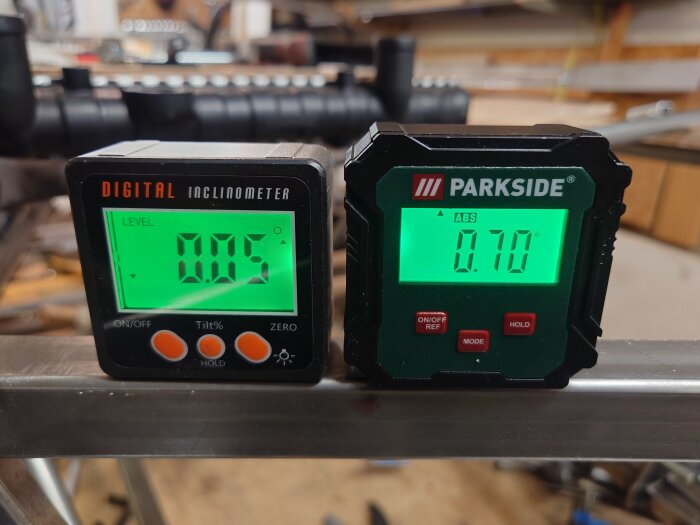 Två digitala lutningsmätare på verkstadsbänk visar olika vinklar; arbetsmiljö i bakgrunden.