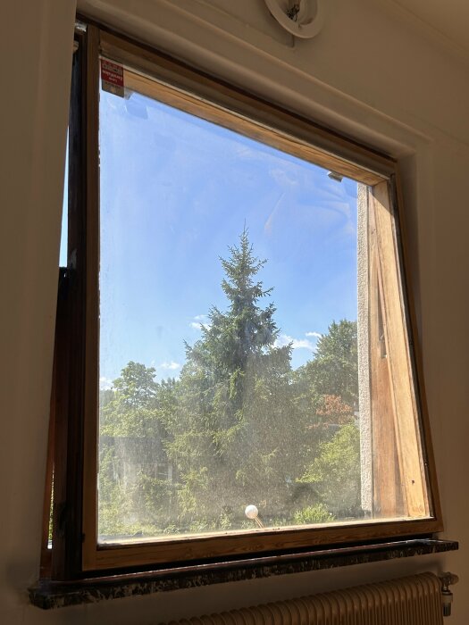 Ett smutsigt fönster med utsikt mot en blå himmel och gröna träd i dagsljus.