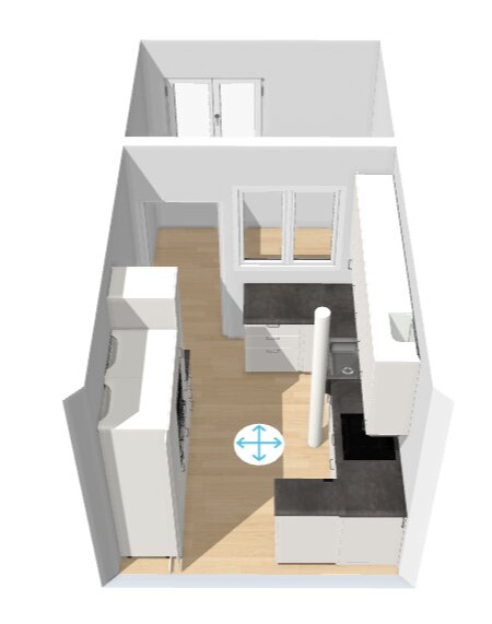 3D-ritning av en lägenhet med kök, badrum, vardagsrum, sovrum, minimalistisk design.