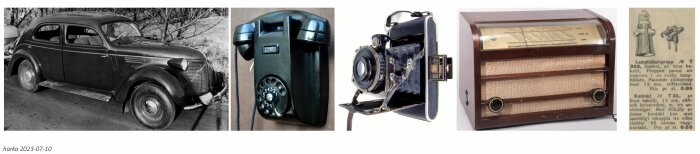 Klassiska föremål: bil, telefon, kamera, radio, elektronisk katalogutklipp.
