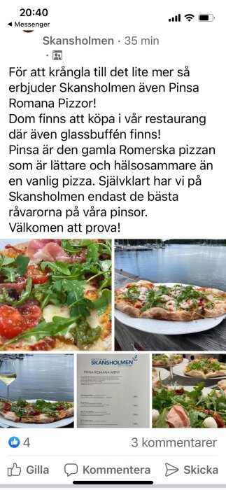 Skärmavbild av Facebookinlägg från Skansholmen med bilder och text om Pinsa Romana Pizzor. Meny visas.