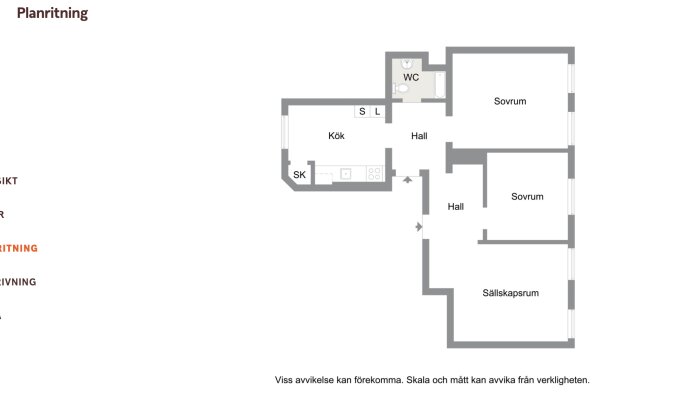 Planritning av en lägenhet med kök, WC, två sovrum, hallar, och sällskapsrum.