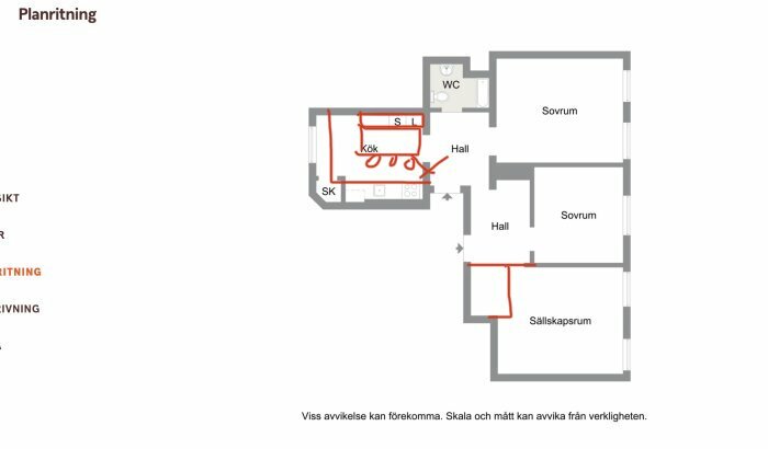 Planritning över en bostad med kök, vardagsrum, sovrum, hall och toalett. Enkel layout, med måttangivelser saknas.