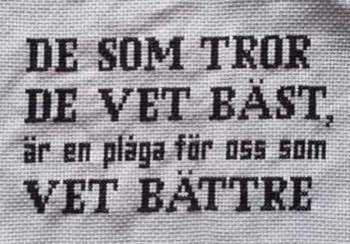 Svart text på grått textilt underlag. Svensk text som framstår kaxig eller ironisk. Cross-stitch eller liknande brodyrstil.