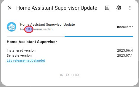 Skärmdump, Home Assistant uppdatering. Installerad version 2023.06.4, senaste version 2023.07.1, 18 timmar sedan.