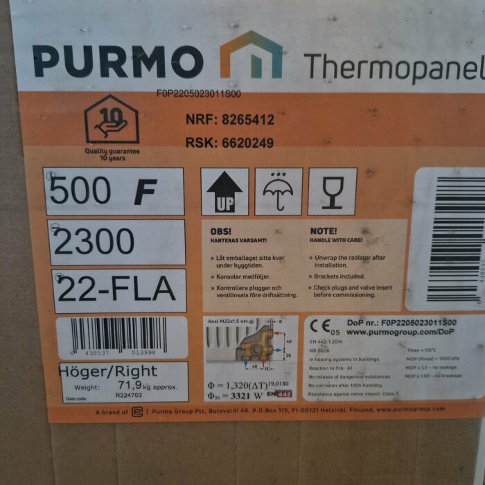 Etikett för PURMO Thermopanel, varningsikoner, installationsinstruktioner, storlek, vikt, och produktkoder.