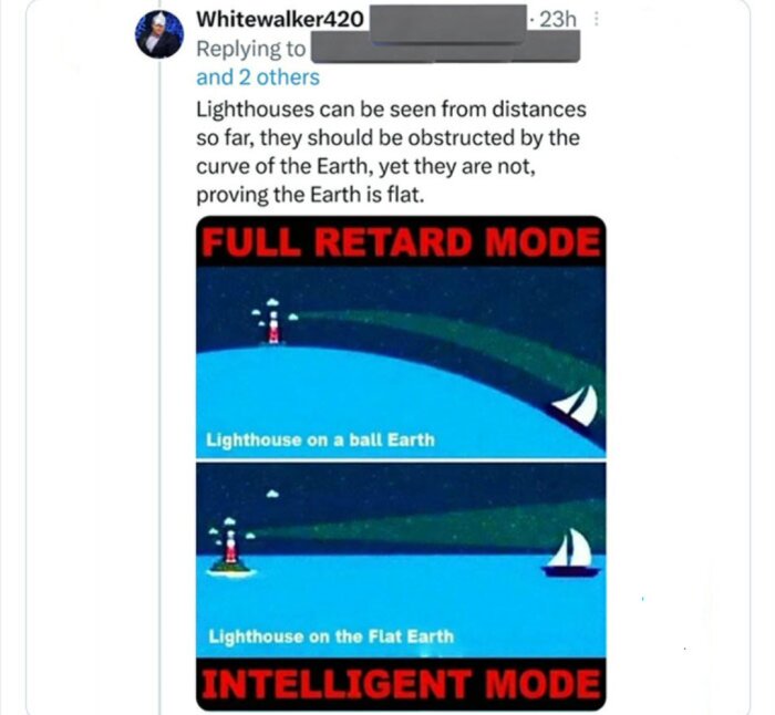 Skärmdump från Twitter, debatt om jordens form, två illustrativa jordmodeller, sjöfyrar, "intelligent" och "retard" lägen.