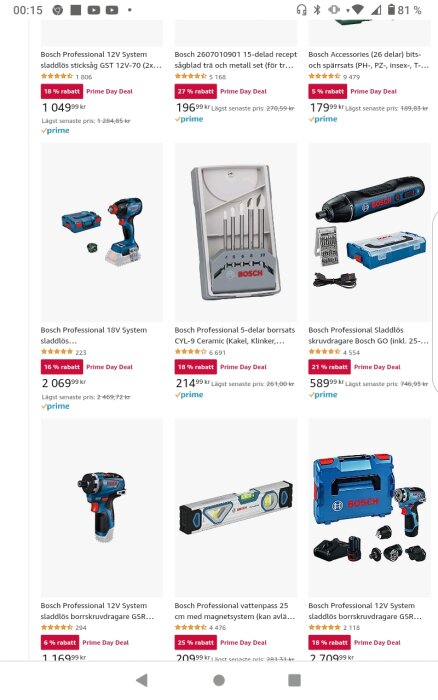 Bosch-verktyg och tillbehör, Prime Day-erbjudanden, prissänkningar, kundbetyg, borrskruvdragare, tigersåg, bits-set.