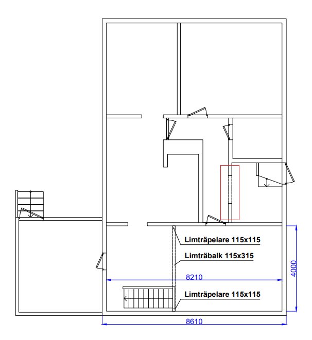 Plantegning viser en bærende væg markeret med rødt. Limtræsbjælker og -søjler placeret strategisk, målene oplyst som 115x115 og 115x315 mm.
