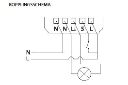 Elektriskt kopplingsschema, terminaler markerade N och L, enkel last ansluten, strömbrytare, säkringar, enkel linjeteckning.