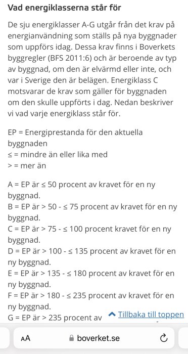 Svensk text som beskriver energiklasser A-G för byggnader, med kriterier för varje klass.