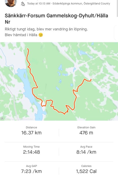 En skärmdump av en löp- eller vandringsaktivitet med karta, distans, tidsåtgång och kaloriförbrukning dokumenterad.
