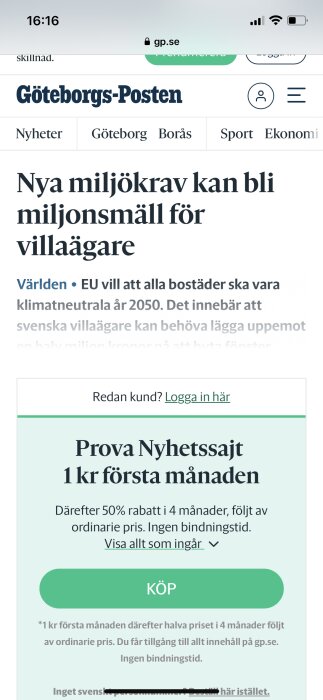 Skärmdump av webbsida, Göteborgs-Posten, rubrik om miljökrav, erbjudande om prenumeration, svenska språket.