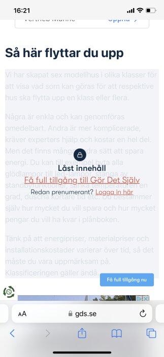 Skärmdump av svensk webbsida med text om energieffektivisering, uppmaning till prenumeration och låst innehåll.