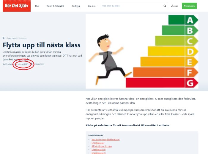 Webbsida om energieffektivitet, illustration av person som tar steg uppåt längs energiklassindikator.