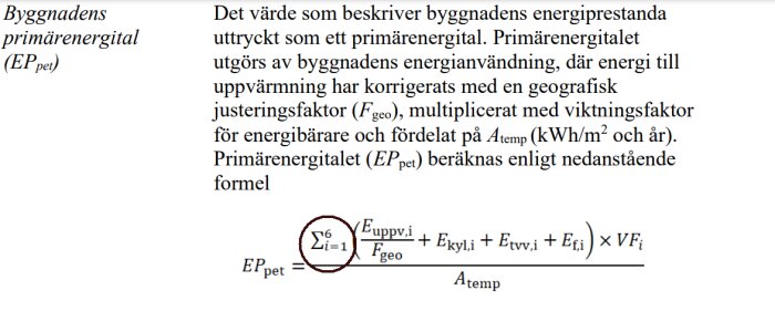 Svensk text om energiprestanda, formel för byggnadens primärenergital, matematiska symboler och variabler.