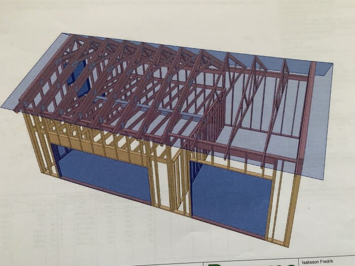 3D-modell av byggnadsstomme, trätakstolar, genomskärning, arkitektonisk design, ingen färgbegränsning, oavslutad struktur.