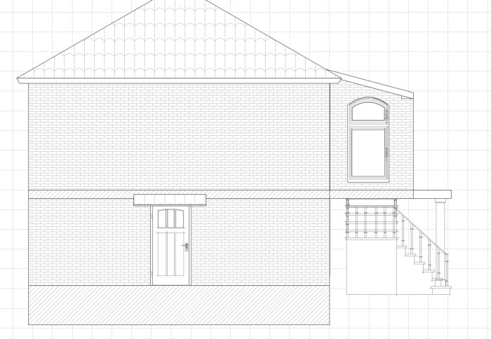 Arkitektonisk ritning av fasaden till ett hus med dörr, fönster och trappa.