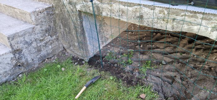 Trädgårdsarbete; jordhög, nätstaket, spade, gräs, grått steg, uteplats.