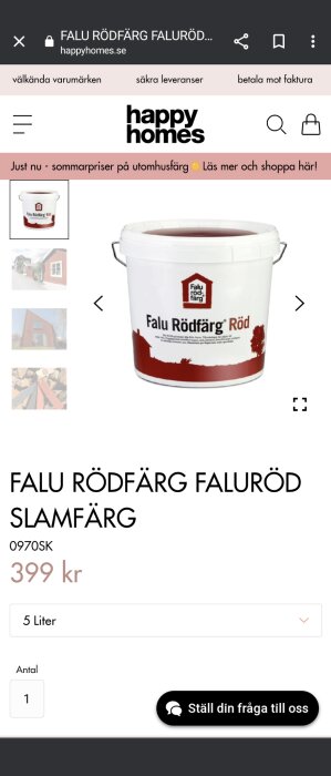 Webbsida som säljer Falu Rödfärg slamfärg, 5 liter för 399 kronor, för utomhusbruk.