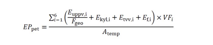 Matematisk formel för EP_pet, innehåller summatecken, energitermer, faktorer, dividerat med A_temp.