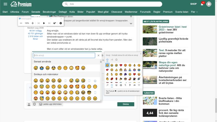 Skärmdump av webbforum, emoji-panel öppen, diskussion om genvägar för emojis i Windows.