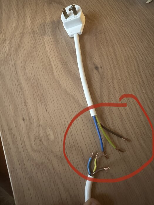 Elkontakt med skadad kabel där ledningarnas isolering är exponerad, markerat med röd cirkel. Risk för elolycka.