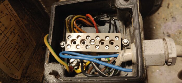 Öppen elanslutningslåda med kablar, anslutningsblock och schemalapp, behov av elektrisk säkerhetskontroll.