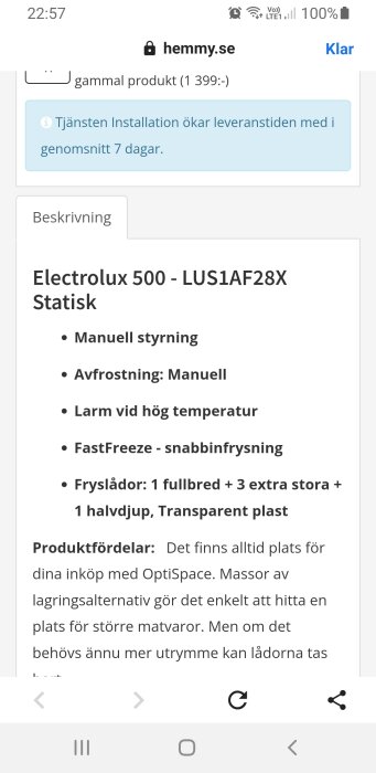 Skärmbild från webbsida som visar information om en Electrolux frysskåp med funktioner och produktfördelar på svenska.