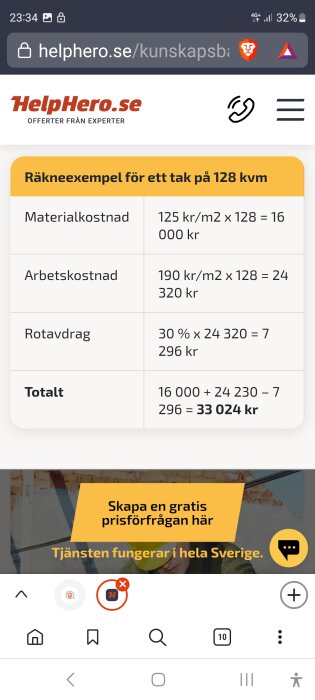 Skärmdump av HelpHero.se, kostnadskalkyl för takrenovering inklusive material, arbetskostnad och rotavdrag.