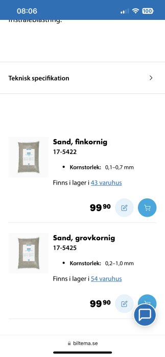 Mobilskärmdump av webbsida som visar fin- och grovkornig sand till försäljning, med priser och lagerstatus.