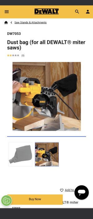 DEWALT varumärke, dammpåse för geringssågar, webbshop, produktbetyg, träbearbetningsbild, köpknapp, grå produktbild.
