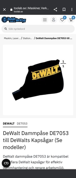 Svart DeWalt dammpåse DE7053. Produktsida med beskrivning på svenska. Webbshop interface. Verktygstillbehör.
