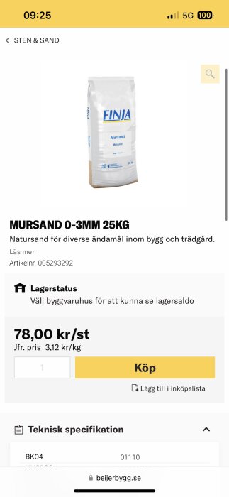 Produktsida för en 25 kg säck finsand från Finja, avsedd för bygg och trädgårdsändamål, pris 78 kronor per styck.