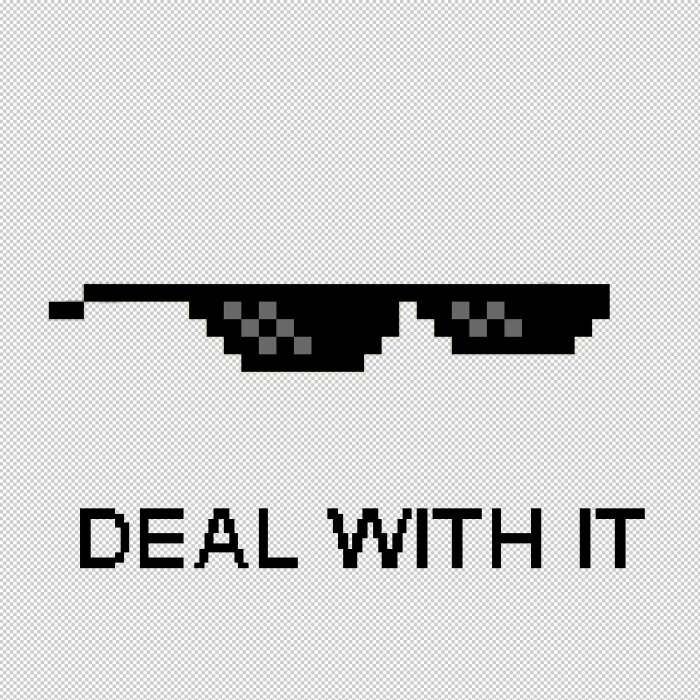 Pixelerade solglasögon svävar ovanför texten "DEAL WITH IT" på pixelerad bakgrund.