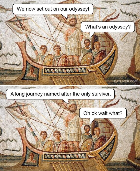 Mosaik av antikt skepp med pratbubblor som ger en humoristisk tolkning av begreppet "odyssé".
