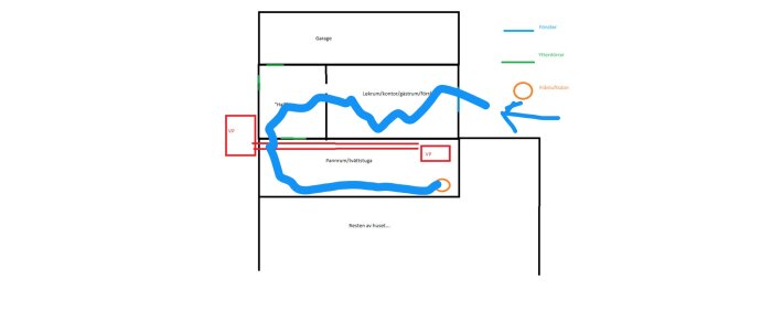 Grundritning visar ventilationssystem i en byggnad med fönster, ytterdörrar, och frånluftsdon.