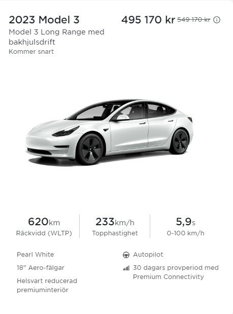 Vit Tesla Model 3, lång räckvidd, snabb acceleration, hög topphastighet, autopilot, kampanjpris.