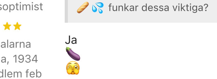 Konversation i textmeddelande med emojis; Bröd, vattendroppar, fråga om viktigt, "Ja" med aubergine och ansikte med handflator.