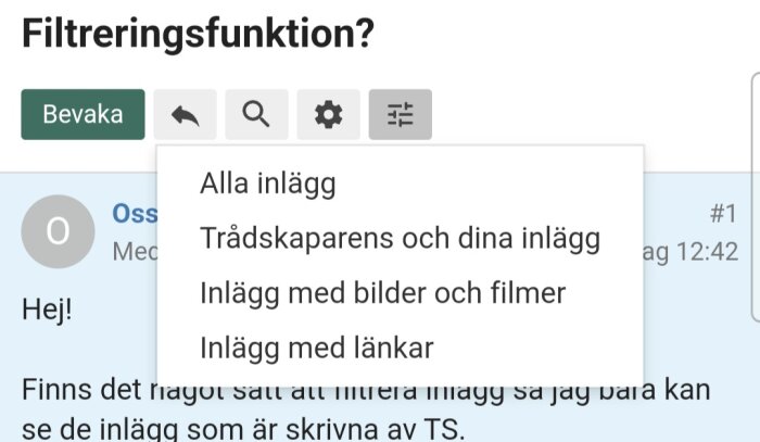 Skärmdump av forumtråd med filtreringsalternativ för inlägg och diskussioner.